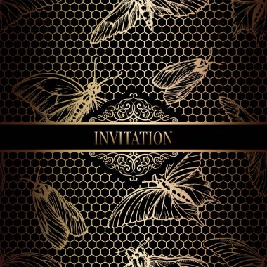 Vintage Barok düğün davetiyesi şablon kelebek arka plan ile. Geleneksel dekorasyon düğün için. Vektör çizim içinde siyah ve altın