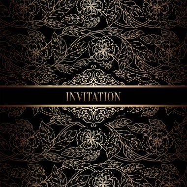 Vintage Barok düğün davetiyesi şablon damasko arka plan ile. Gelenek dekorasyon düğün için. Vektör çizim içinde siyah ve altın