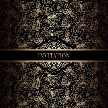 Vintage Barok düğün davetiyesi şablon kelebek arka plan ile. Geleneksel dekorasyon düğün için. Vektör çizim içinde siyah ve altın