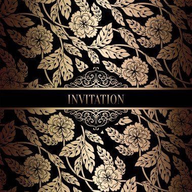 Vintage Barok düğün davetiyesi şablon damasko arka plan ile. Gelenek dekorasyon düğün için. Vektör çizim içinde siyah ve altın