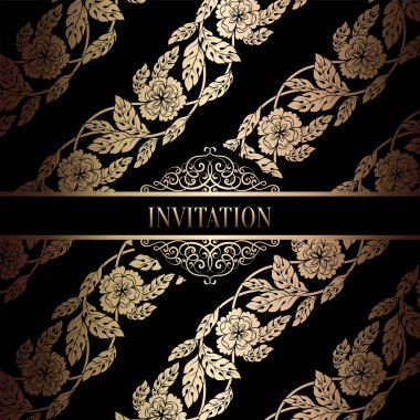 Vintage Barok düğün davetiyesi şablon damasko arka plan ile. Gelenek dekorasyon düğün için. Vektör çizim içinde siyah ve altın