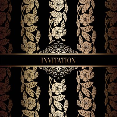 Vintage Barok düğün davetiyesi şablon damasko arka plan ile. Gelenek dekorasyon düğün için. Vektör çizim içinde siyah ve altın