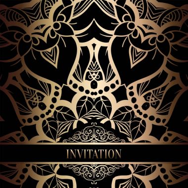 Vintage Barok düğün davetiyesi şablon damasko arka plan ile. Gelenek dekorasyon düğün için. Vektör çizim içinde siyah ve altın