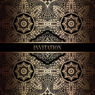 Vintage Barok düğün davetiyesi şablon damasko arka plan ile. Gelenek dekorasyon düğün için. Vektör çizim içinde siyah ve altın
