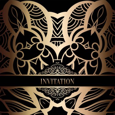 Vintage Barok düğün davetiyesi şablon damasko arka plan ile. Gelenek dekorasyon düğün için. Vektör çizim içinde siyah ve altın