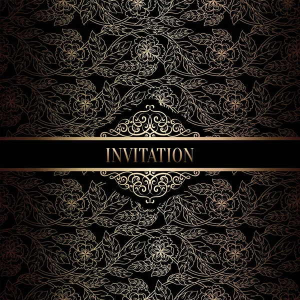 Vintage baroque Wedding Invitation template with damask background. Tradition decoration for wedding. Vector illustration in black and gold — Stock Vector