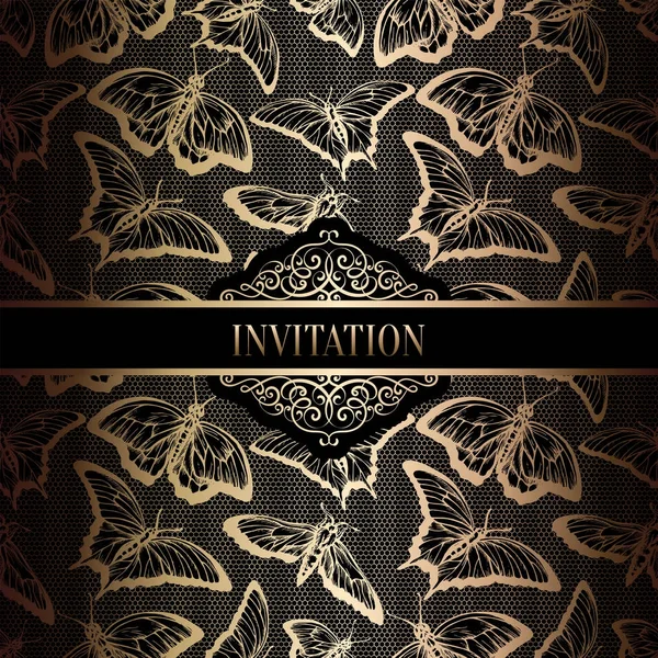Vintage baroque Wedding Invitation template with butterfly background. Traditional decoration for wedding. Vector illustration in black and gold — Stock Vector