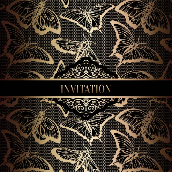 Modèle d'invitation de mariage baroque vintage avec fond papillon. Décoration traditionnelle pour mariage. Illustration vectorielle en noir et or — Image vectorielle