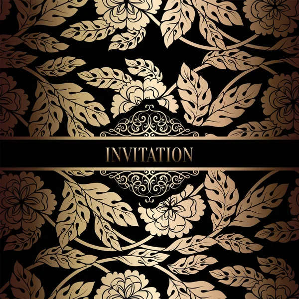 Plantilla de invitación de boda barroca vintage con fondo de damasco. Decoración de tradición para la boda. Ilustración vectorial en negro y oro — Vector de stock