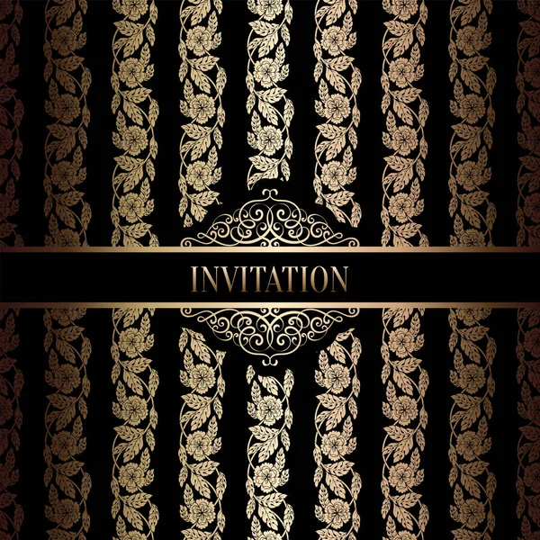 Modèle d'invitation de mariage baroque vintage avec fond damassé. Décoration de tradition pour mariage. Illustration vectorielle en noir et or — Image vectorielle