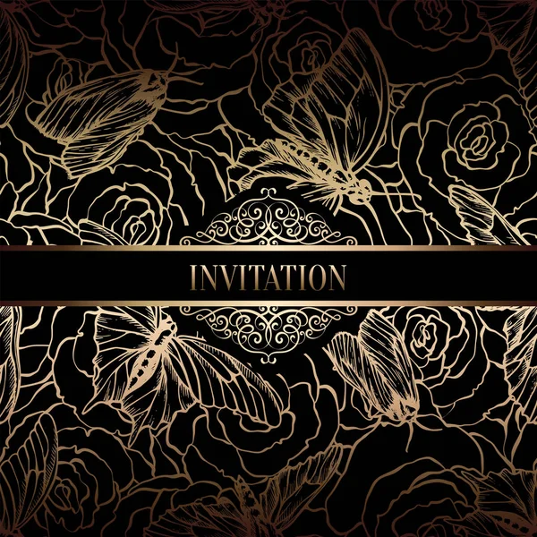 Modèle d'invitation de mariage baroque vintage avec fond papillon. Décoration traditionnelle pour mariage. Illustration vectorielle en noir et or — Image vectorielle