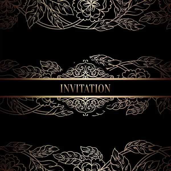 ダマスク織の背景を持つヴィンテージ バロック式結婚式招待状テンプレートです。結婚式の伝統装飾。ブラックとゴールドのベクトル図 — ストックベクタ