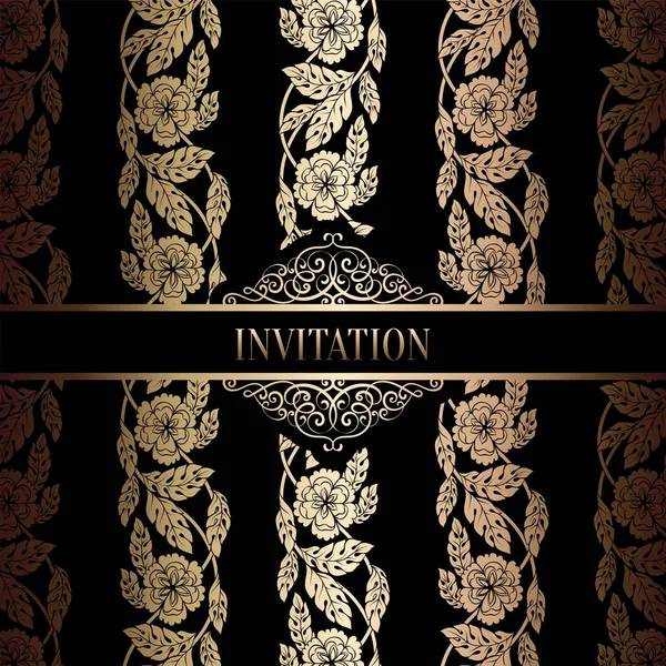 Modèle d'invitation de mariage baroque vintage avec fond damassé. Décoration de tradition pour mariage. Illustration vectorielle en noir et or — Image vectorielle