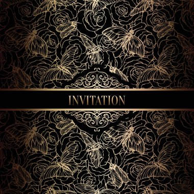 Vintage Barok düğün davetiyesi şablon kelebek arka plan ile. Geleneksel dekorasyon düğün için. Vektör çizim içinde siyah ve altın