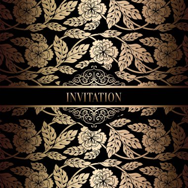 Vintage Barok düğün davetiyesi şablon damasko arka plan ile. Gelenek dekorasyon düğün için. Vektör çizim içinde siyah ve altın