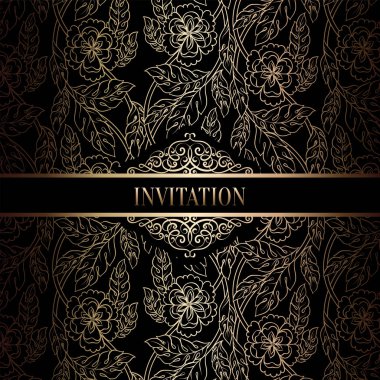 Vintage Barok düğün davetiyesi şablon damasko arka plan ile. Gelenek dekorasyon düğün için. Vektör çizim içinde siyah ve altın