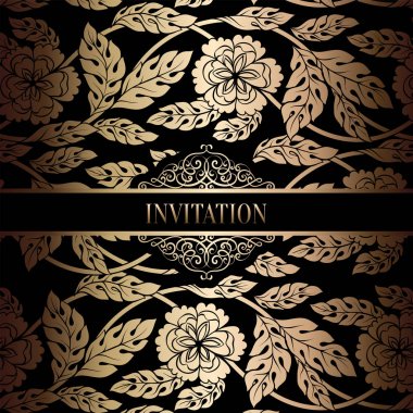 Vintage Barok düğün davetiyesi şablon damasko arka plan ile. Gelenek dekorasyon düğün için. Vektör çizim içinde siyah ve altın