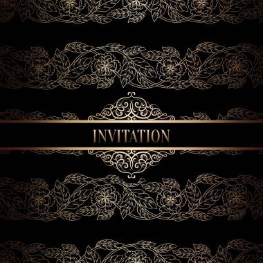 Vintage Barok düğün davetiyesi şablon damasko arka plan ile. Gelenek dekorasyon düğün için. Vektör çizim içinde siyah ve altın