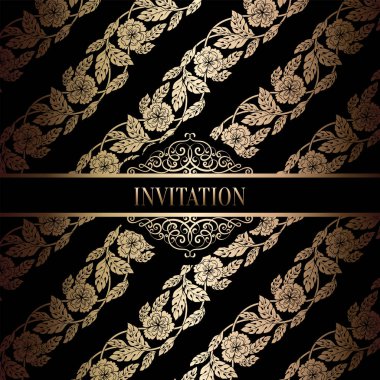 Vintage Barok düğün davetiyesi şablon damasko arka plan ile. Gelenek dekorasyon düğün için. Vektör çizim içinde siyah ve altın