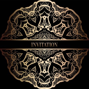 Vintage Barok düğün davetiyesi şablon damasko arka plan ile. Gelenek dekorasyon düğün için. Vektör çizim içinde siyah ve altın