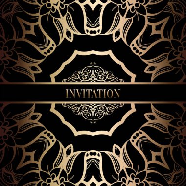 Vintage Barok düğün davetiyesi şablon damasko arka plan ile. Gelenek dekorasyon düğün için. Vektör çizim içinde siyah ve altın