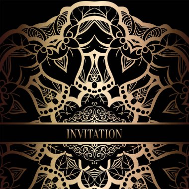 Vintage Barok düğün davetiyesi şablon damasko arka plan ile. Gelenek dekorasyon düğün için. Vektör çizim içinde siyah ve altın