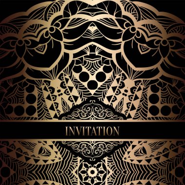 Vintage Barok düğün davetiyesi şablon damasko arka plan ile. Gelenek dekorasyon düğün için. Vektör çizim içinde siyah ve altın