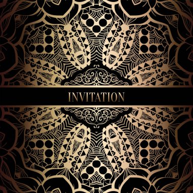 Vintage Barok düğün davetiyesi şablon damasko arka plan ile. Gelenek dekorasyon düğün için. Vektör çizim içinde siyah ve altın