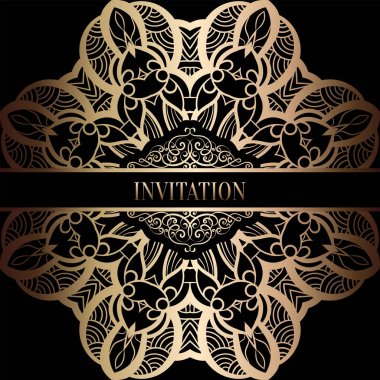 Vintage Barok düğün davetiyesi şablon damasko arka plan ile. Gelenek dekorasyon düğün için. Vektör çizim içinde siyah ve altın