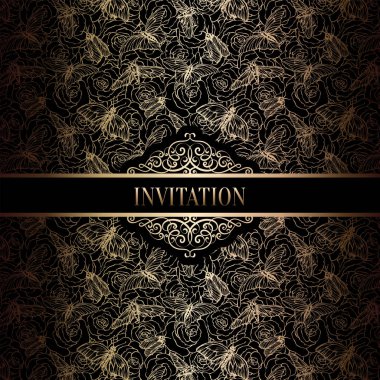 Vintage Barok düğün davetiyesi şablon damasko arka plan ile. Gelenek dekorasyon düğün için. Vektör çizim içinde siyah ve altın