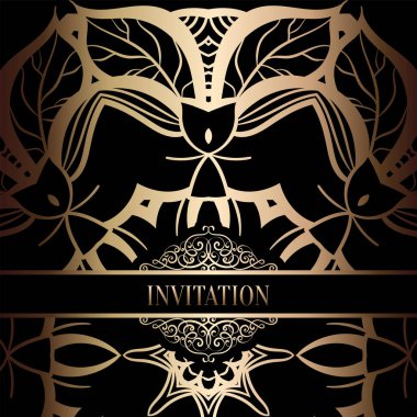 Vintage Barok düğün davetiyesi şablon damasko arka plan ile. Gelenek dekorasyon düğün için. Vektör çizim içinde siyah ve altın