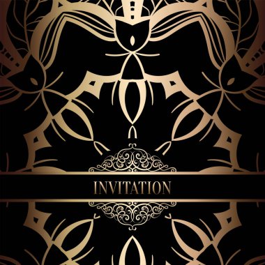 Vintage Barok düğün davetiyesi şablon damasko arka plan ile. Gelenek dekorasyon düğün için. Vektör çizim içinde siyah ve altın