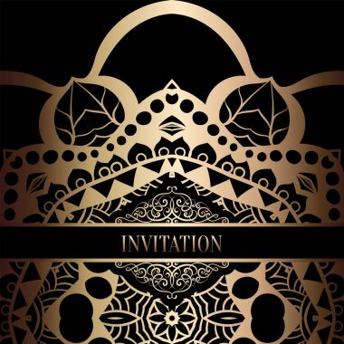 Vintage Barok düğün davetiyesi şablon damasko arka plan ile. Gelenek dekorasyon düğün için. Vektör çizim içinde siyah ve altın