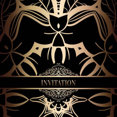 Vintage Barok düğün davetiyesi şablon damasko arka plan ile. Gelenek dekorasyon düğün için. Vektör çizim içinde siyah ve altın