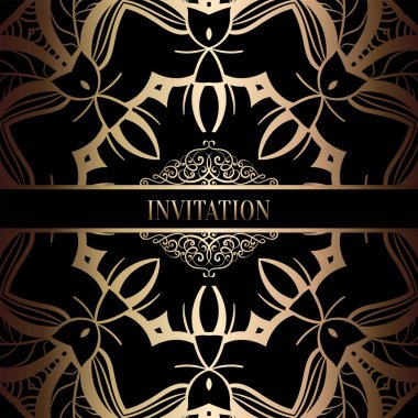 Vintage Barok düğün davetiyesi şablon damasko arka plan ile. Gelenek dekorasyon düğün için. Vektör çizim içinde siyah ve altın