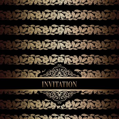 Vintage Barok düğün davetiyesi şablon damasko arka plan ile. Gelenek dekorasyon düğün için. Vektör çizim içinde siyah ve altın