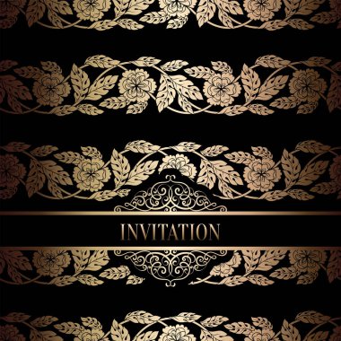 Vintage Barok düğün davetiyesi şablon damasko arka plan ile. Gelenek dekorasyon düğün için. Vektör çizim içinde siyah ve altın