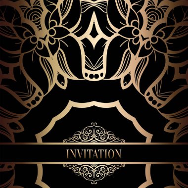 Vintage Barok düğün davetiyesi şablon damasko arka plan ile. Gelenek dekorasyon düğün için. Vektör çizim içinde siyah ve altın