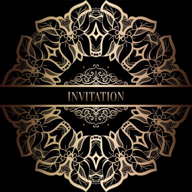 Vintage Barok düğün davetiyesi şablon damasko arka plan ile. Gelenek dekorasyon düğün için. Vektör çizim içinde siyah ve altın