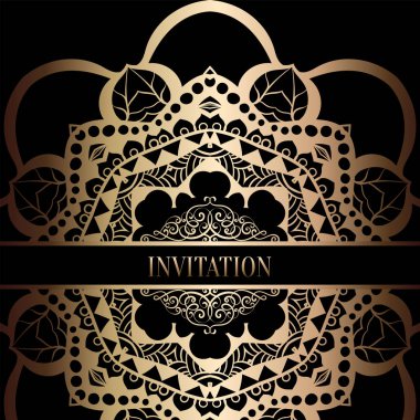 Vintage Barok düğün davetiyesi şablon damasko arka plan ile. Gelenek dekorasyon düğün için. Vektör çizim içinde siyah ve altın