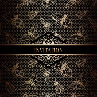 Vintage Barok düğün davetiyesi şablon kelebek arka plan ile. Geleneksel dekorasyon düğün için. Vektör çizim içinde siyah ve altın