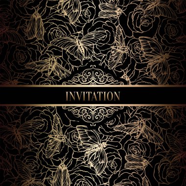 Vintage Barok düğün davetiyesi şablon kelebek arka plan ile. Geleneksel dekorasyon düğün için. Vektör çizim içinde siyah ve altın