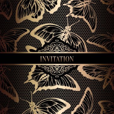 Vintage Barok düğün davetiyesi şablon kelebek arka plan ile. Geleneksel dekorasyon düğün için. Vektör çizim içinde siyah ve altın