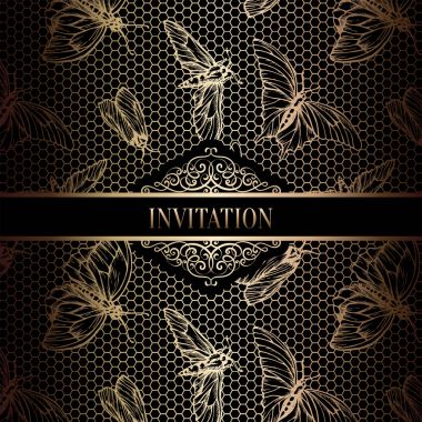 Vintage Barok düğün davetiyesi şablon kelebek arka plan ile. Geleneksel dekorasyon düğün için. Vektör çizim içinde siyah ve altın
