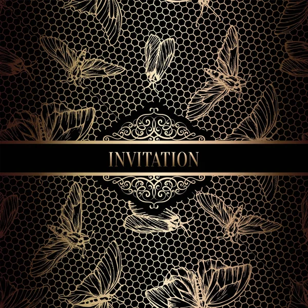 Vintage Barok düğün davetiyesi şablon kelebek arka plan ile. Geleneksel dekorasyon düğün için. Vektör çizim içinde siyah ve altın — Stok Vektör