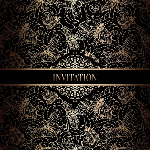 Vintage Barok düğün davetiyesi şablon kelebek arka plan ile. Geleneksel dekorasyon düğün için. Vektör çizim içinde siyah ve altın
