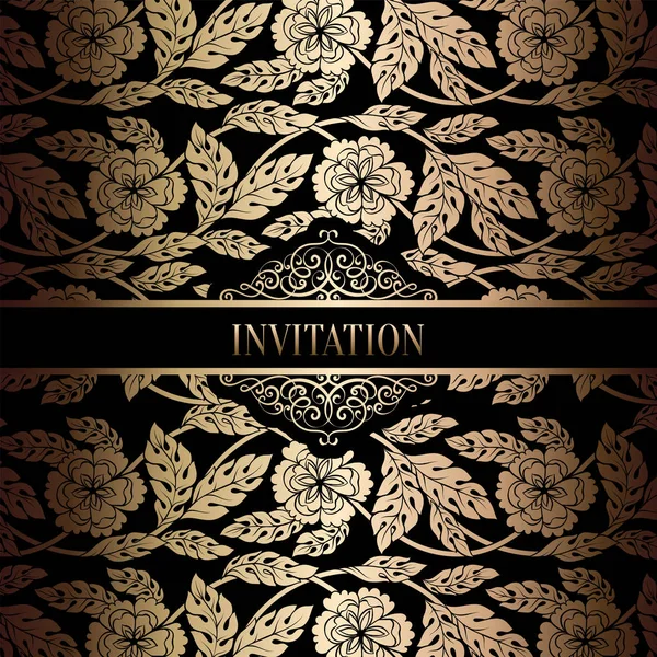 Plantilla de invitación de boda barroca vintage con fondo de damasco. Decoración de tradición para la boda. Ilustración vectorial en negro y oro — Vector de stock