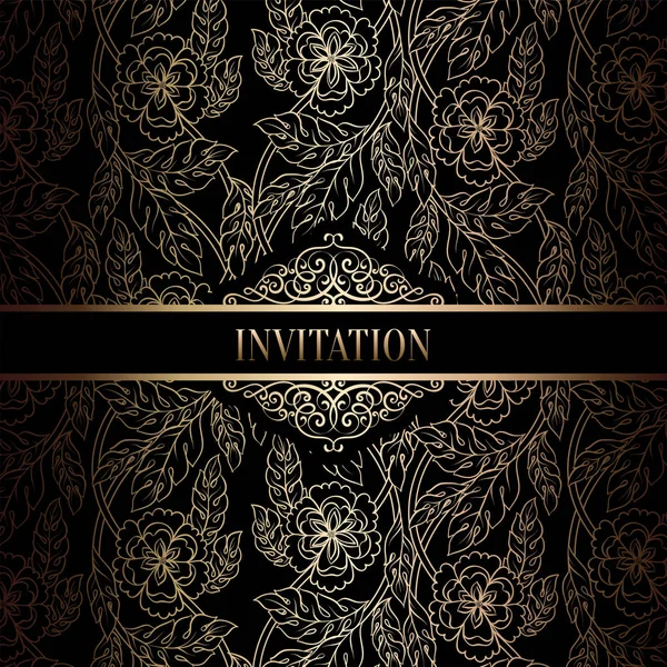 Modèle d'invitation de mariage baroque vintage avec fond damassé. Décoration de tradition pour mariage. Illustration vectorielle en noir et or — Image vectorielle