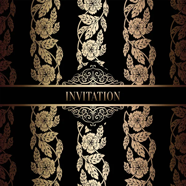 老式巴洛克式婚礼邀请模板与锦缎背景。传统装饰为婚礼。黑色和金色的矢量插图 — 图库矢量图片