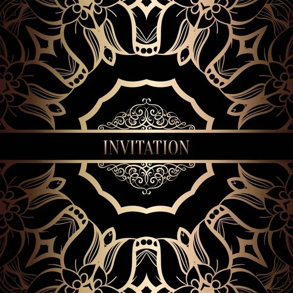 Modèle d'invitation de mariage baroque vintage avec fond damassé. Décoration de tradition pour mariage. Illustration vectorielle en noir et or — Image vectorielle